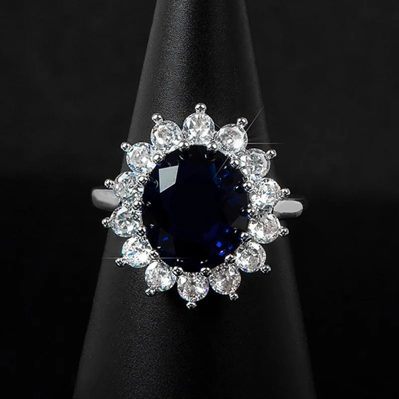 Elegant Fashionable Sunflower Design Oval Lab Sapphire Gemstone Rings