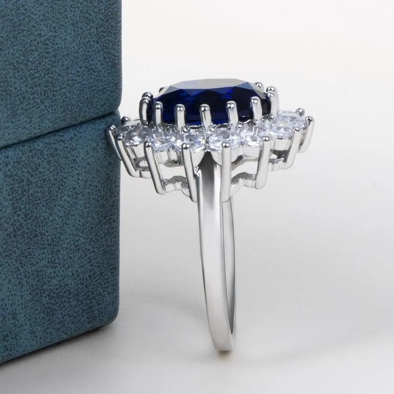 Elegant Fashionable Sunflower Design Oval Lab Sapphire Gemstone Rings