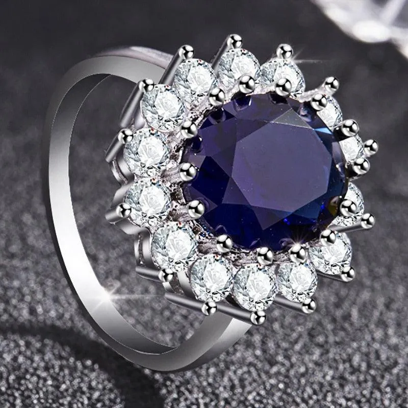 Elegant Fashionable Sunflower Design Oval Lab Sapphire Gemstone Rings