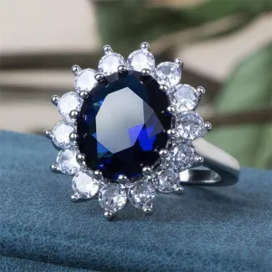Elegant Fashionable Sunflower Design Oval Lab Sapphire Gemstone Rings