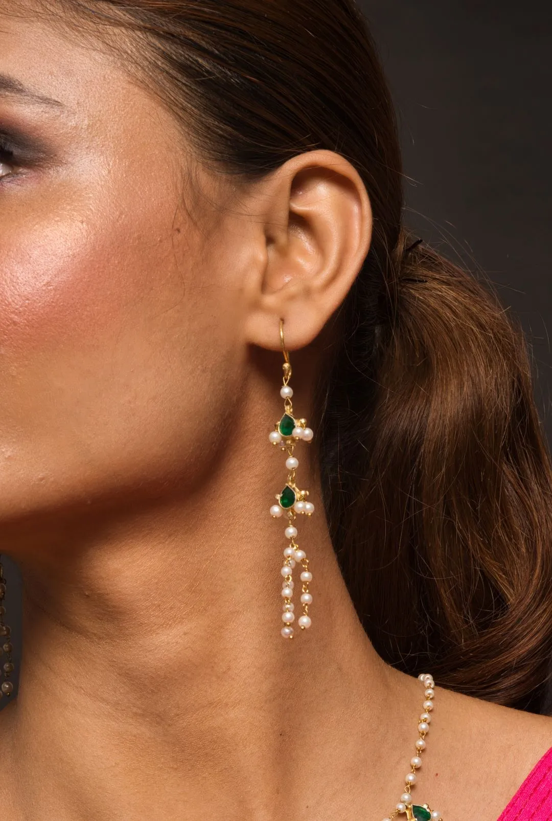 Emerald Green Kundan Biya Mala Necklace with Earrings