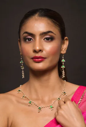 Emerald Green Kundan Biya Mala Necklace with Earrings