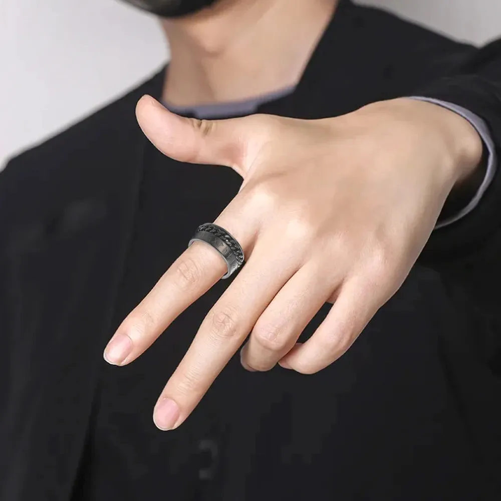 EUEAVAN Stainless Steel Rotatable Chain Men Rings Mysterious Runes Finger Ring Anxiety Relaxing Multifunctional Jewelry Gifts