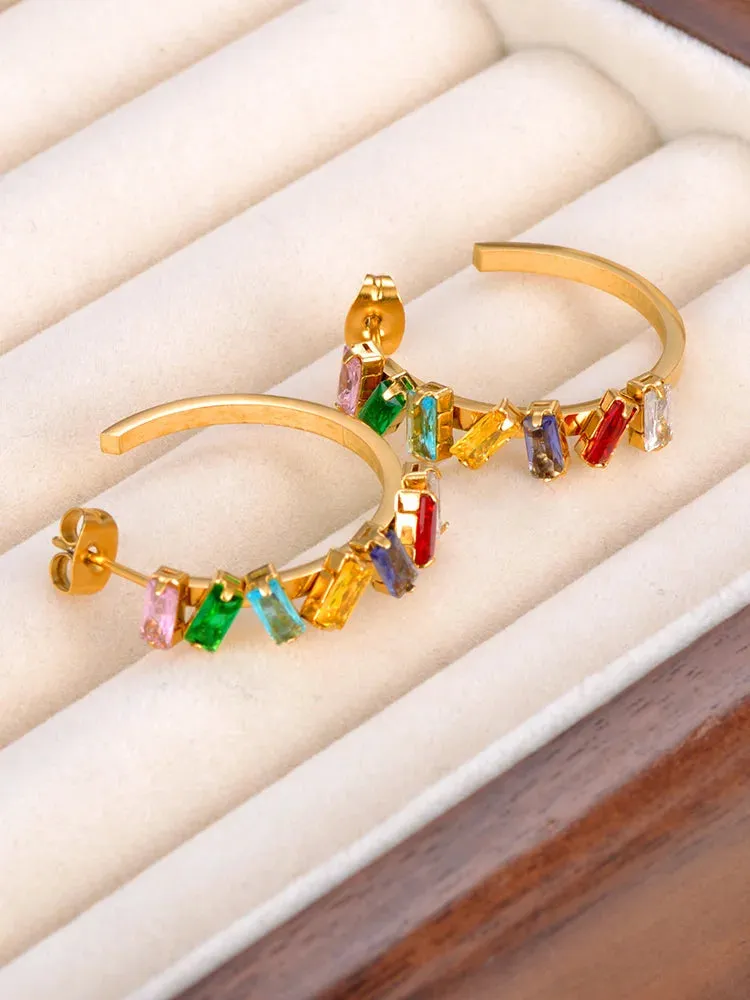 Exquisite Colorful Cubic Zirconia Stainless Steel Gorgeous Hoop Huggie Earrings