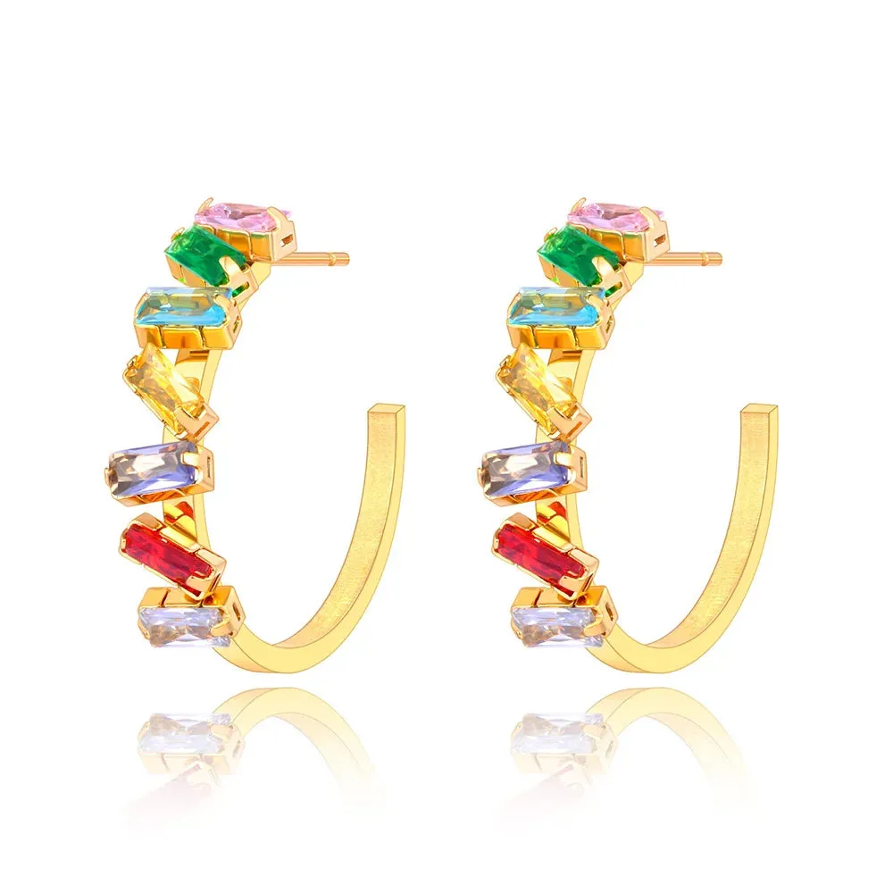 Exquisite Colorful Cubic Zirconia Stainless Steel Gorgeous Hoop Huggie Earrings