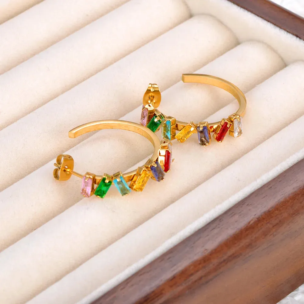 Exquisite Colorful Cubic Zirconia Stainless Steel Gorgeous Hoop Huggie Earrings
