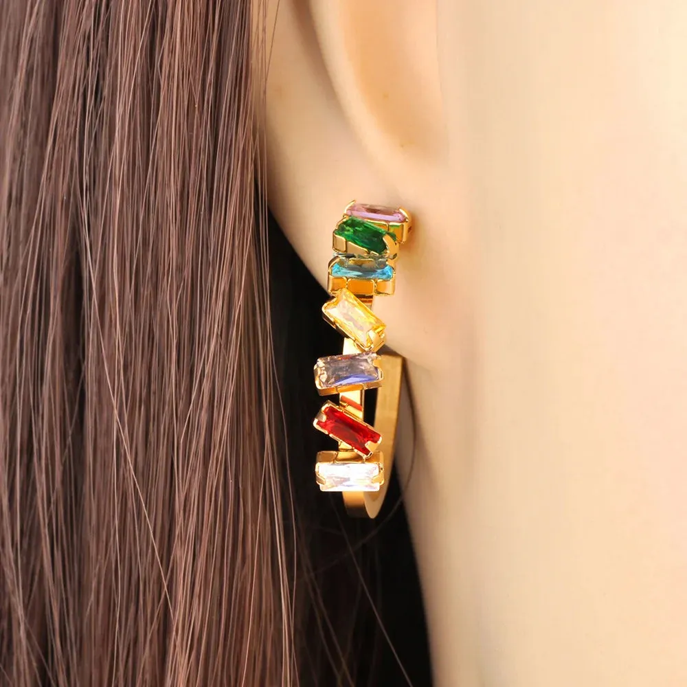 Exquisite Colorful Cubic Zirconia Stainless Steel Gorgeous Hoop Huggie Earrings