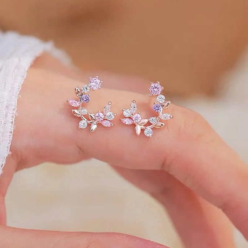 Exquisite Gold Leaves Circle Stud Earrings For Women