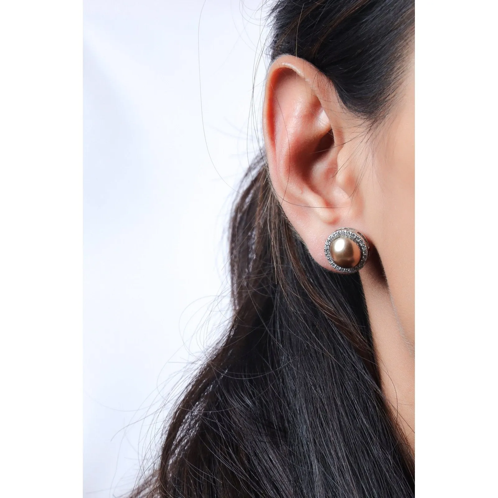 Exquisite OLLUU Silver Brown Pearl Diamond Earrings | Sterling Silver Jewelry