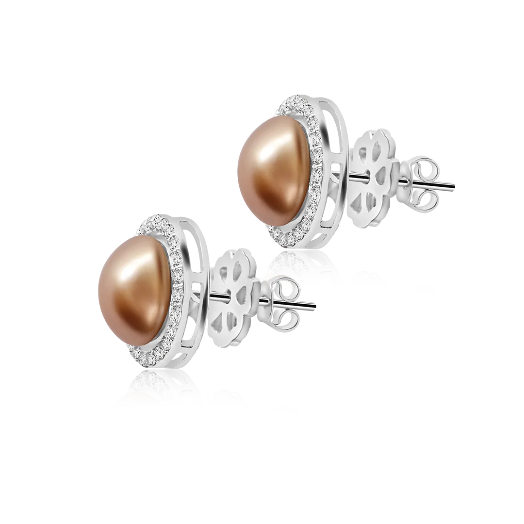 Exquisite OLLUU Silver Brown Pearl Diamond Earrings | Sterling Silver Jewelry