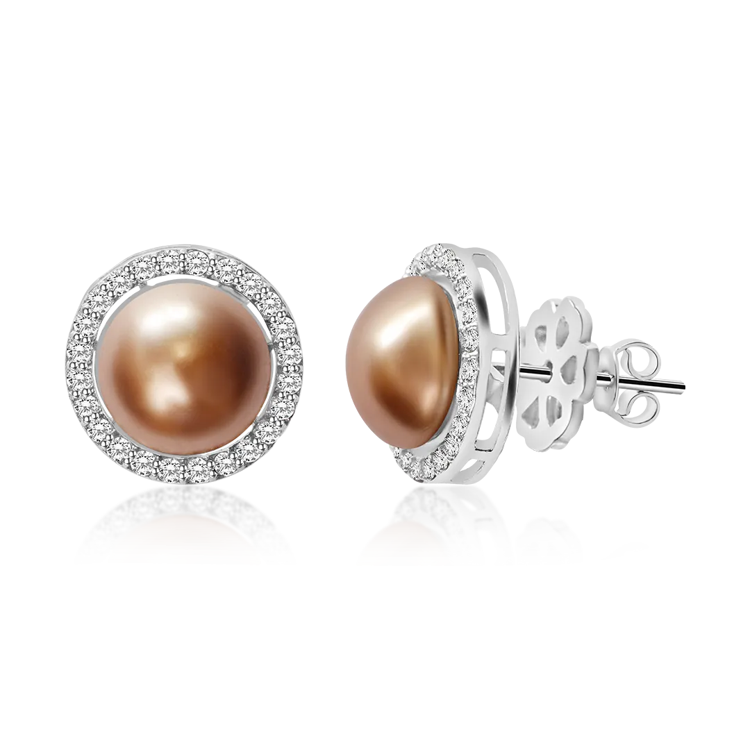 Exquisite OLLUU Silver Brown Pearl Diamond Earrings | Sterling Silver Jewelry