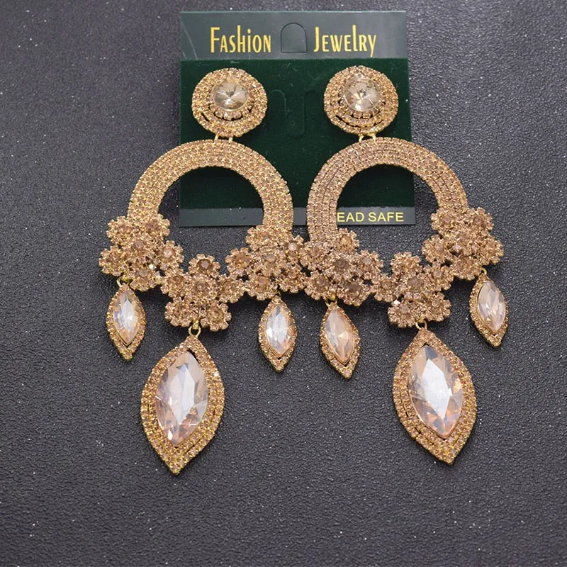 Exquisite rhinestones crystal flower luxury drop long earring