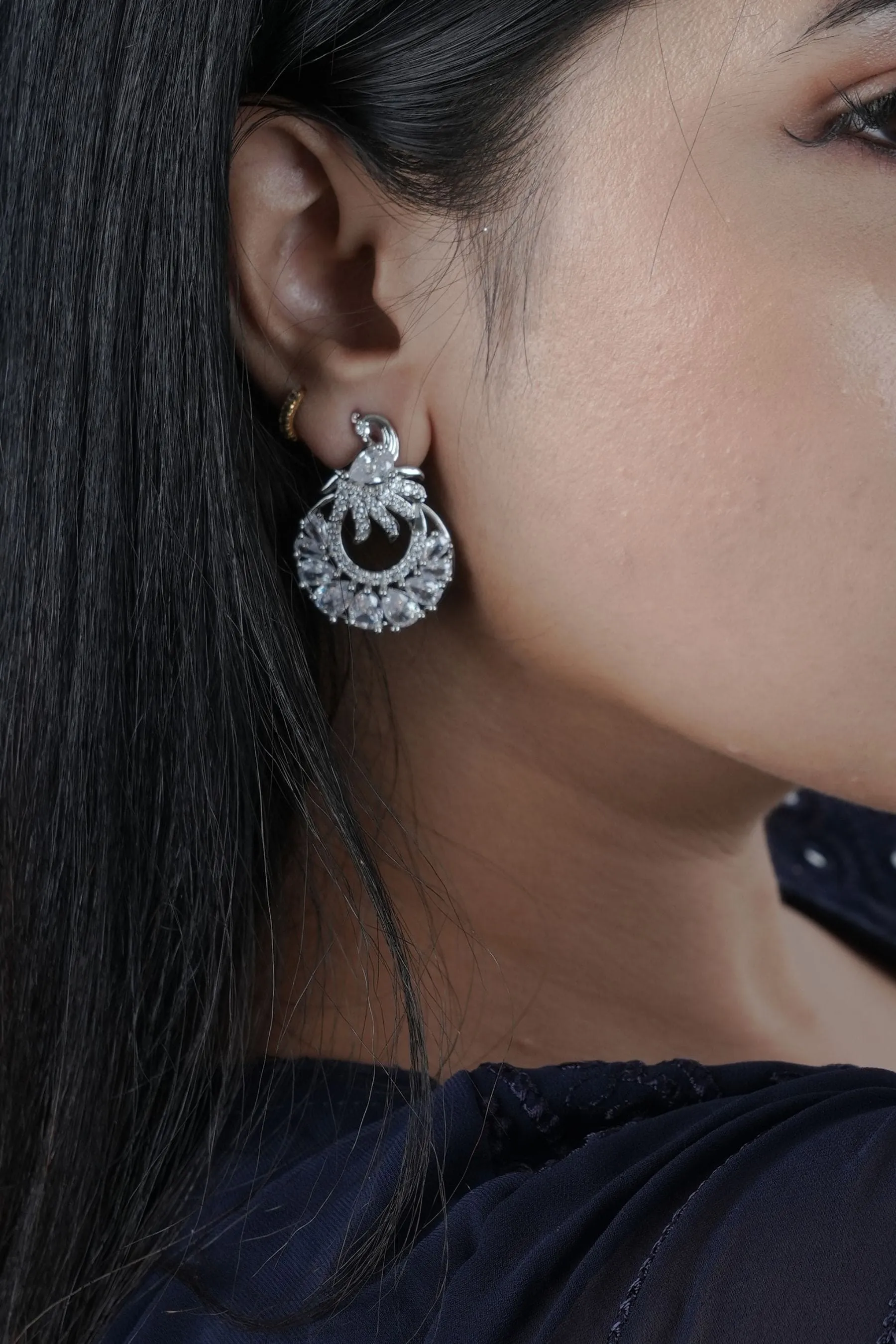 Exquisite Silver Polish Designer Earrings with Radiant White Stone
