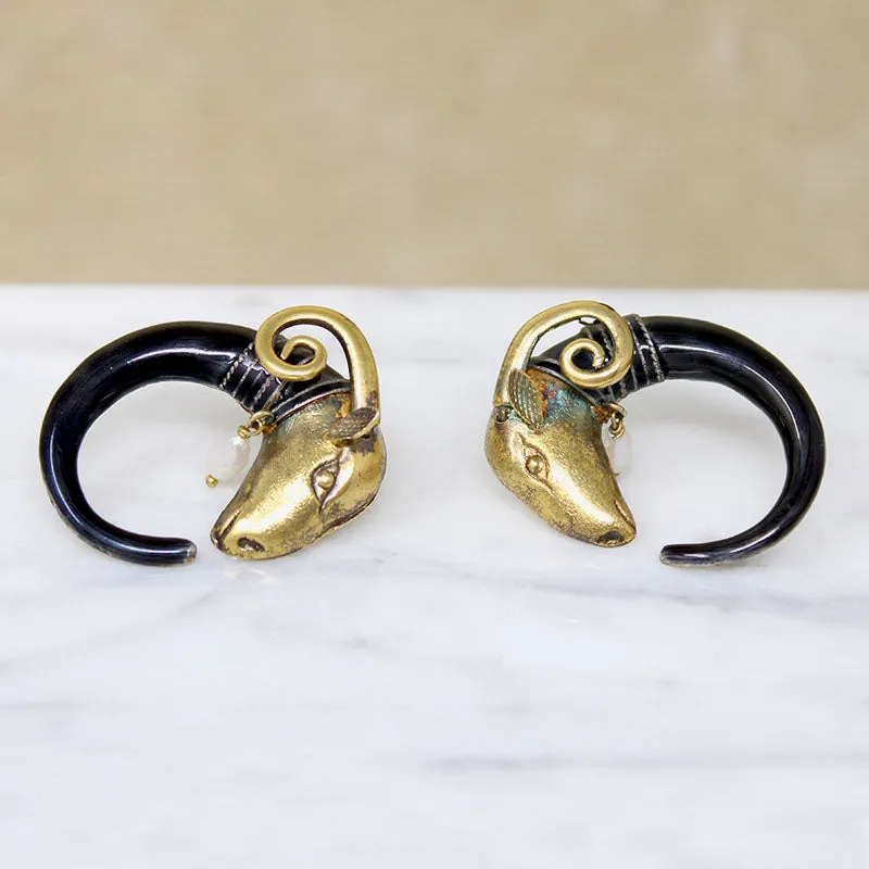 Fascinating Silver Gilt & Enamel Ram's Head Earrings