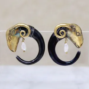 Fascinating Silver Gilt & Enamel Ram's Head Earrings