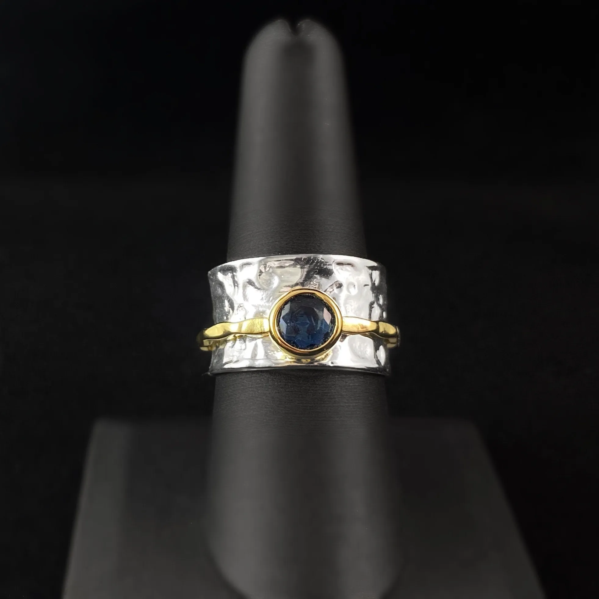 Fidget Ring with Hammered Sterling Silver Band and 14kt Gold Plated Spinner with Blue Crystal, Size 8