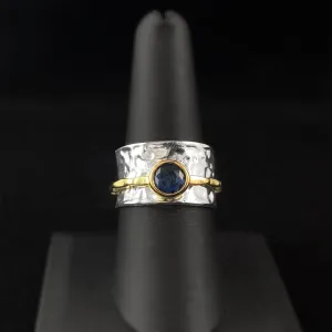 Fidget Ring with Hammered Sterling Silver Band and 14kt Gold Plated Spinner with Blue Crystal, Size 8