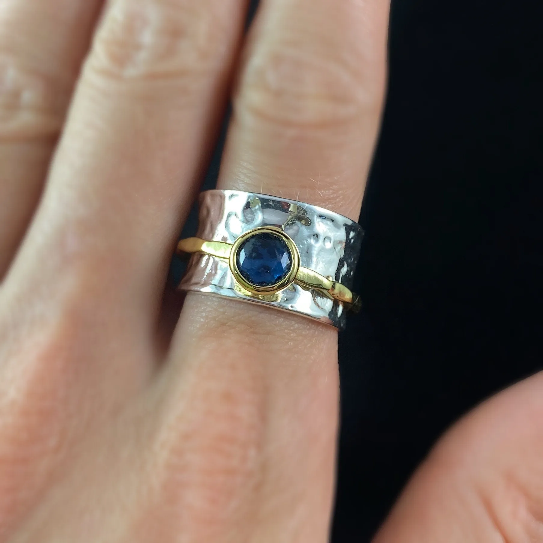 Fidget Ring with Hammered Sterling Silver Band and 14kt Gold Plated Spinner with Blue Crystal, Size 8
