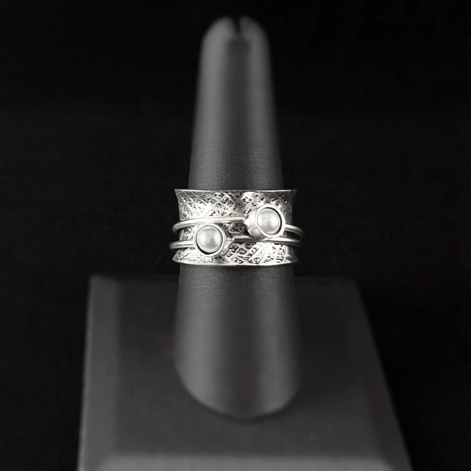 Fidget Ring with Hammered Sterling Silver Band and Two Band Spinner with Freshwater Pearls, Size 8