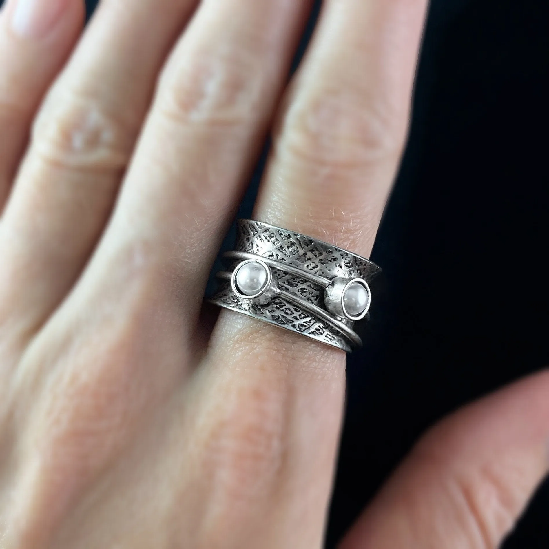 Fidget Ring with Hammered Sterling Silver Band and Two Band Spinner with Freshwater Pearls, Size 8
