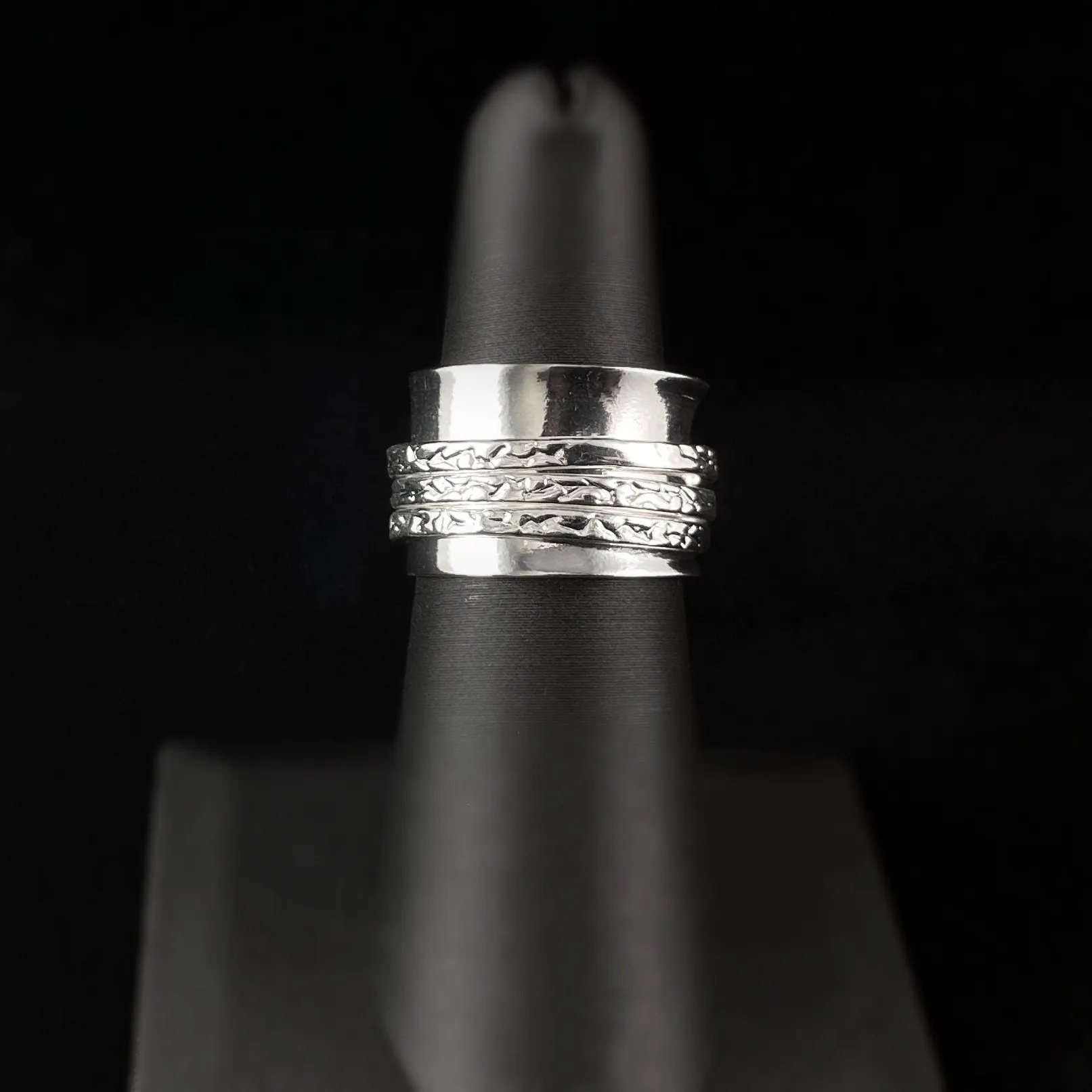 Fidget Ring with Sterling Silver Band and Three Band Spinner, Size 8