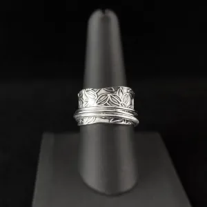Fidget Ring with Sterling Silver Floral Detail Band and Three Band Spinner, Size 9