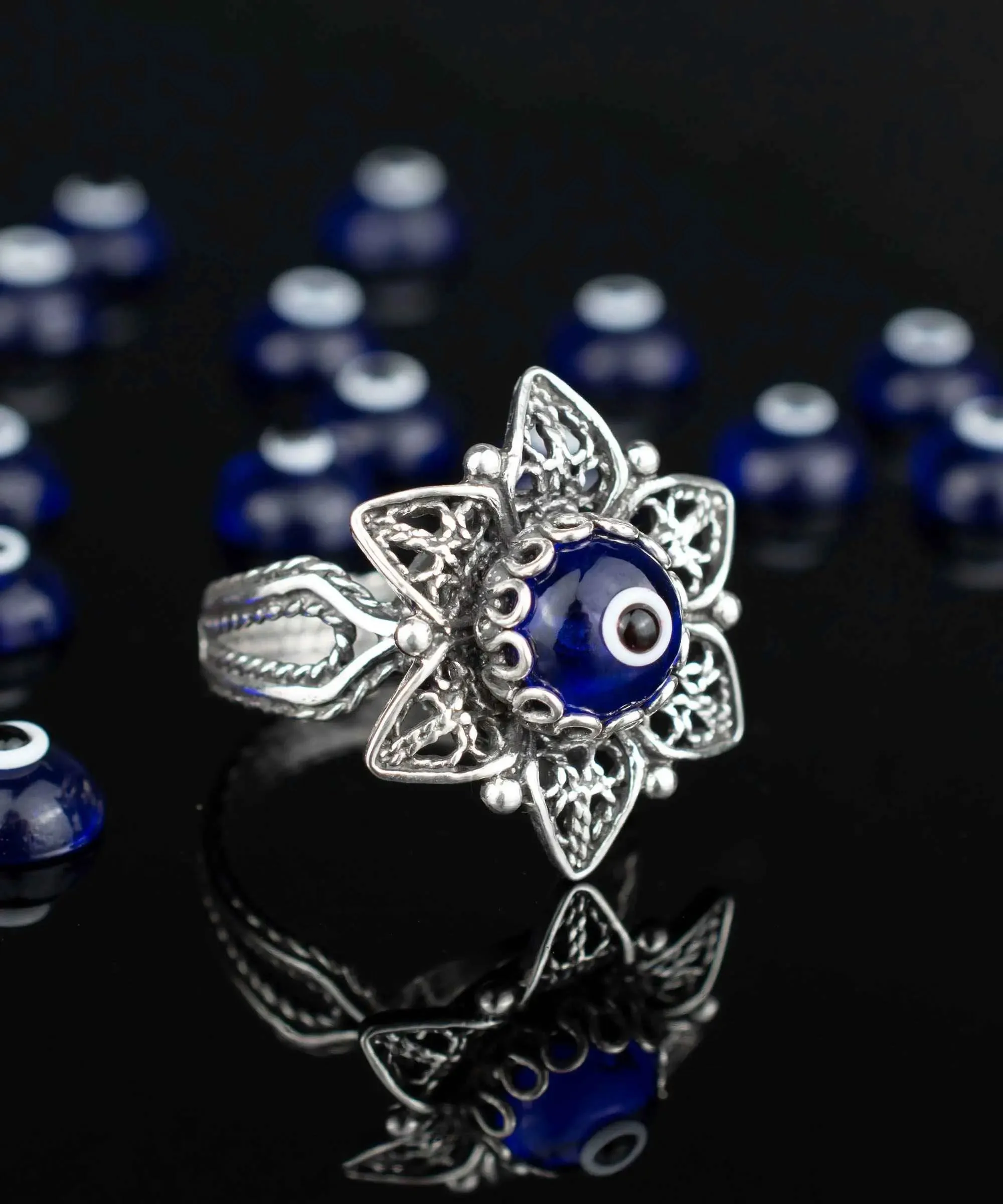 Filigree Art Blue Evil Eye Daisy Flower Women Silver Cocktail Ring