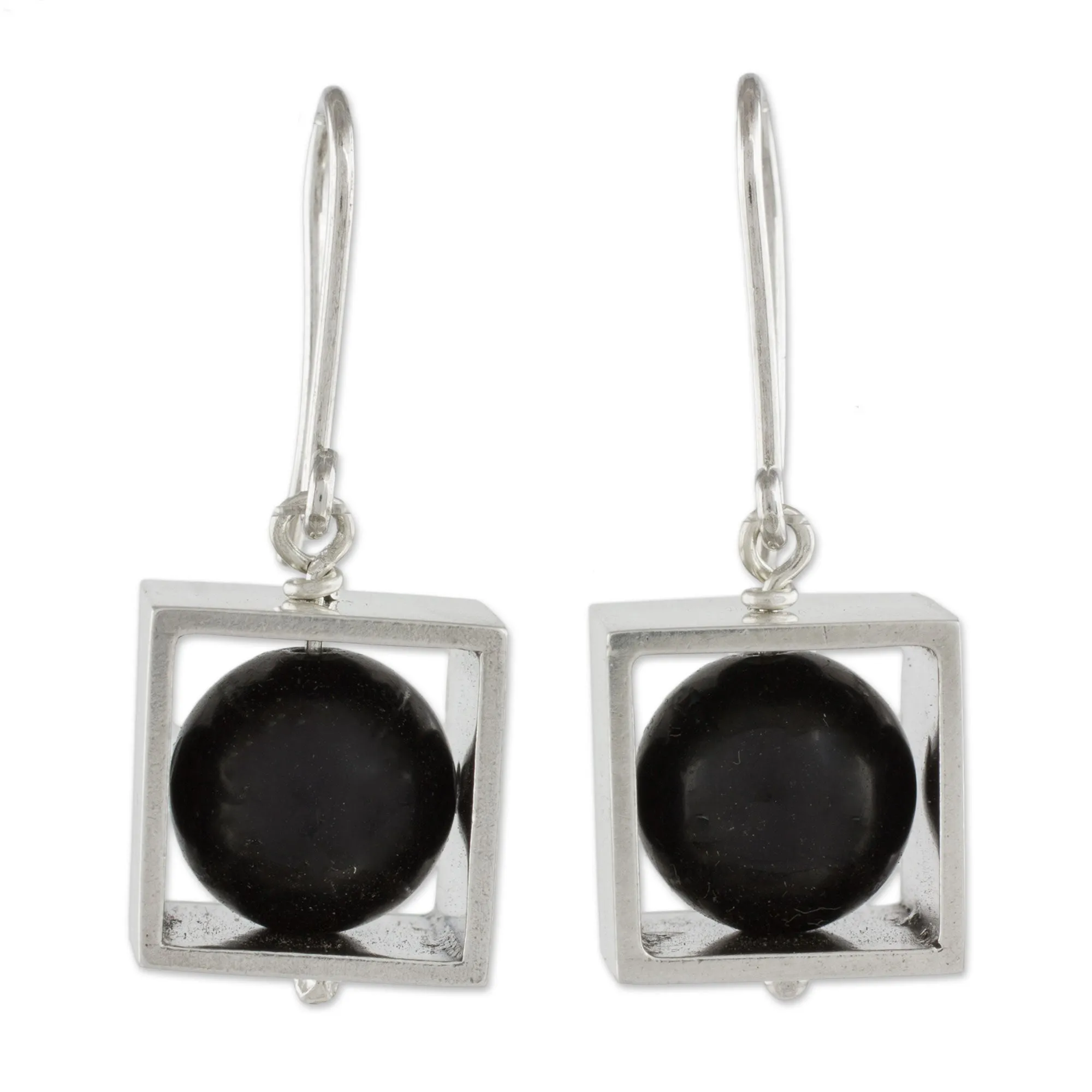 Frames Square Sterling Silver Frame with Onyx Orb Dangle Earrings