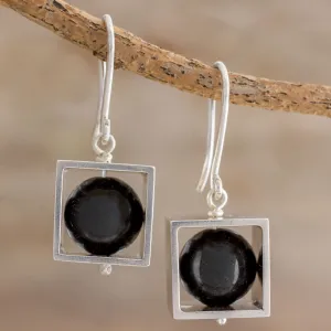 Frames Square Sterling Silver Frame with Onyx Orb Dangle Earrings