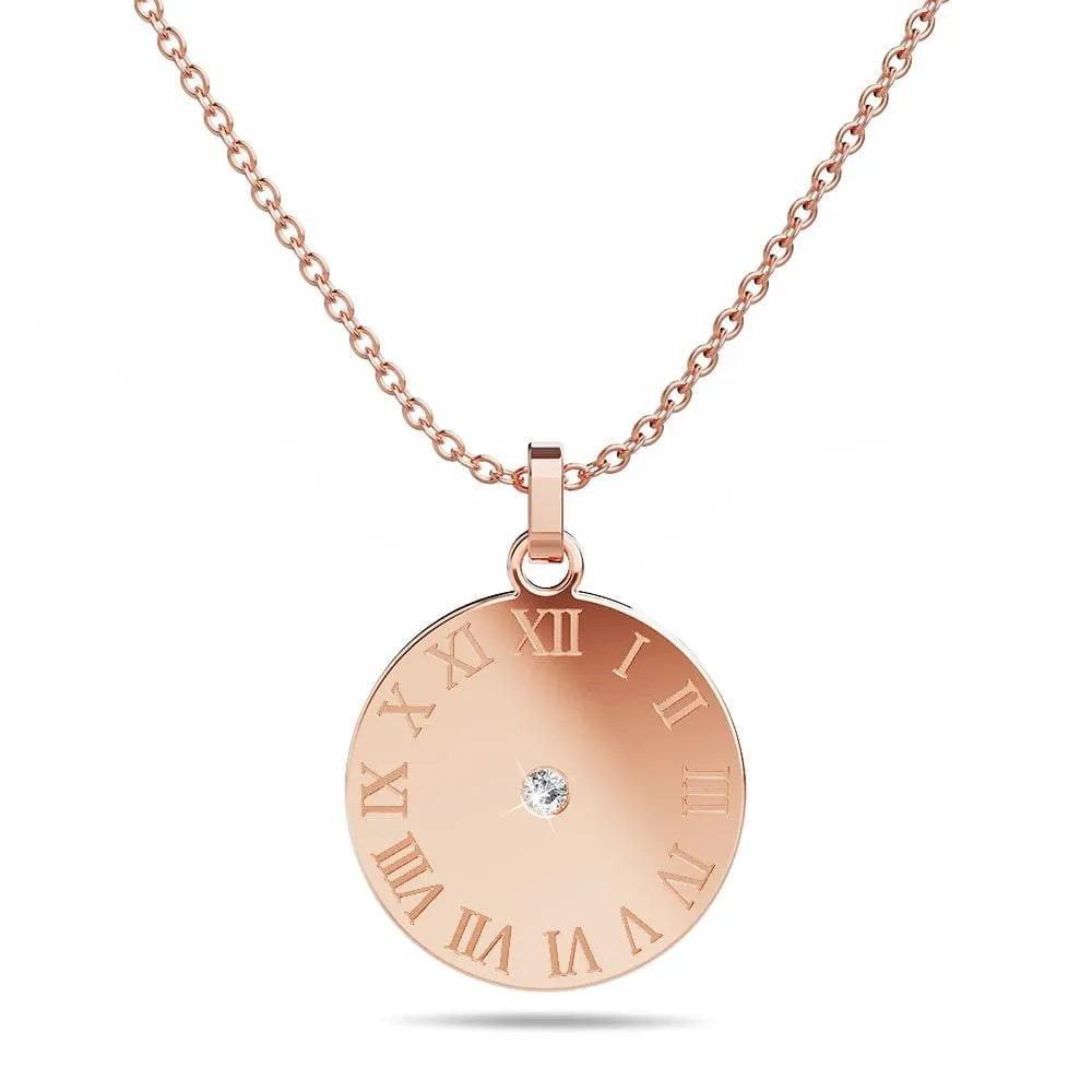 Genuine Single Diamond Set Roman numeral Sundial Necklace Rose Gold Titanium