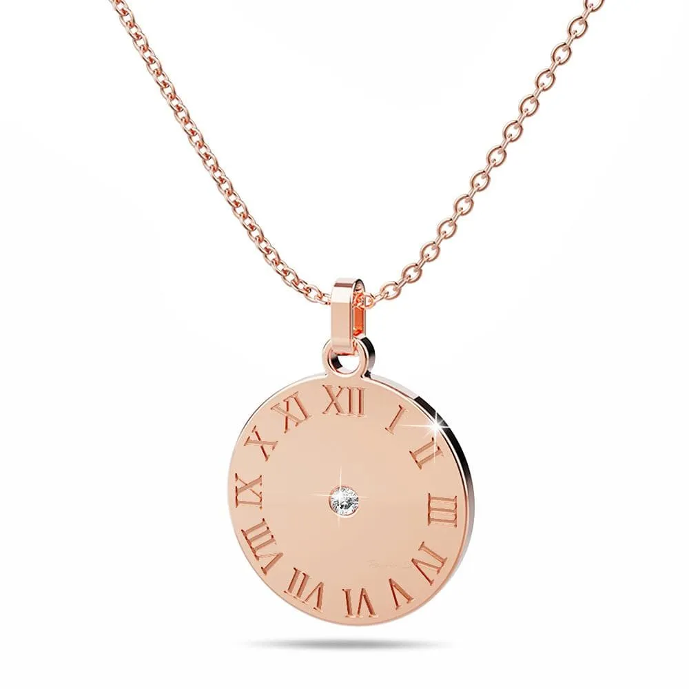 Genuine Single Diamond Set Roman numeral Sundial Necklace Rose Gold Titanium