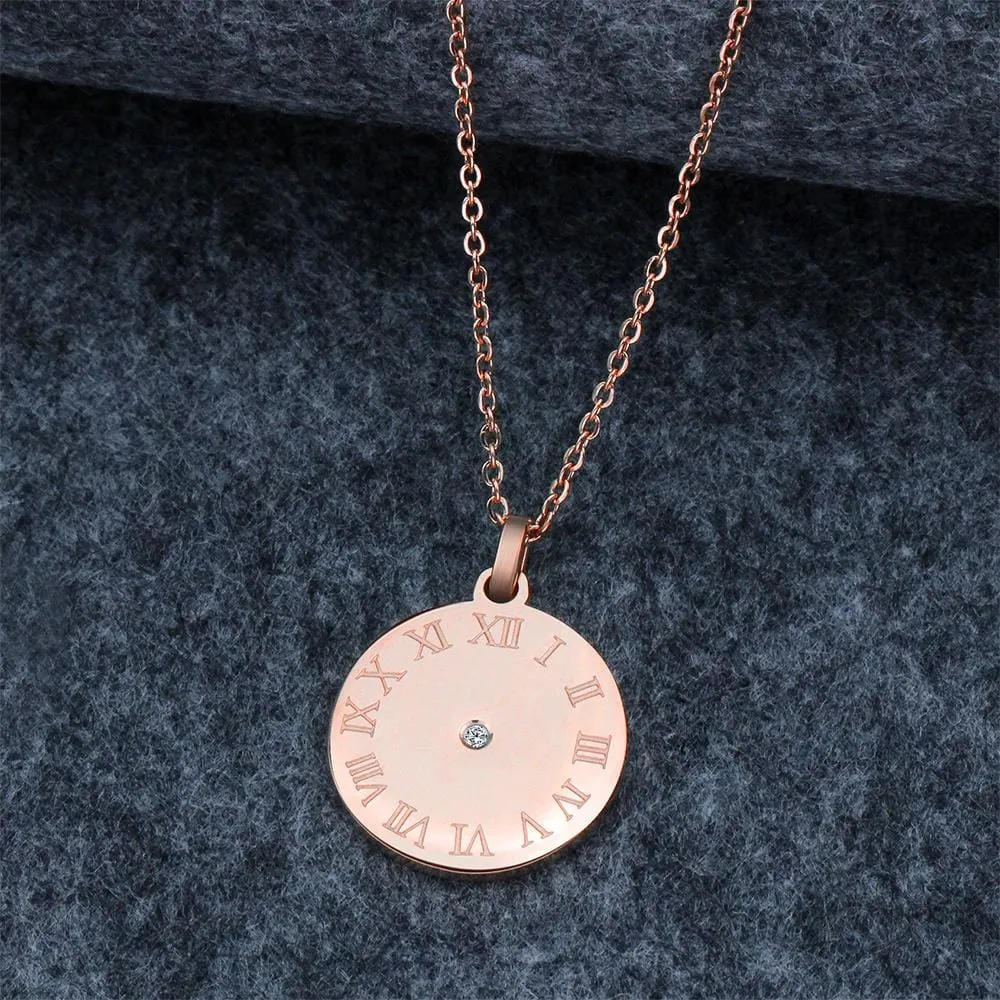Genuine Single Diamond Set Roman numeral Sundial Necklace Rose Gold Titanium