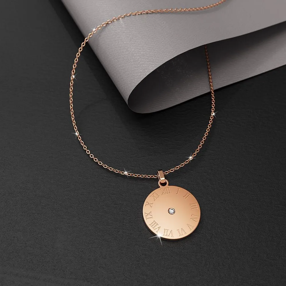 Genuine Single Diamond Set Roman numeral Sundial Necklace Rose Gold Titanium