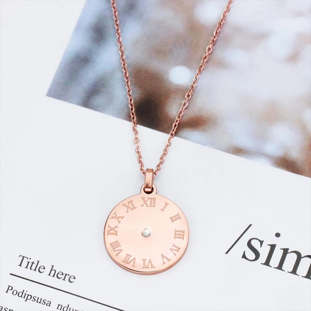 Genuine Single Diamond Set Roman numeral Sundial Necklace Rose Gold Titanium