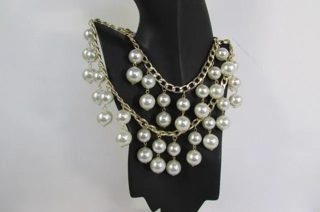 Gold Metal Long Double Chains 2 Strands Big Pearl Beads
