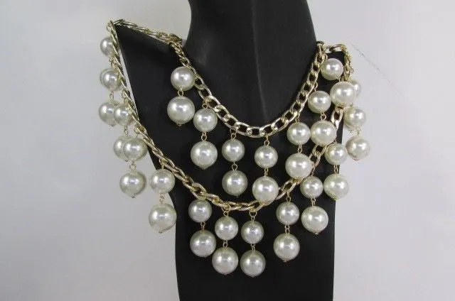 Gold Metal Long Double Chains 2 Strands Big Pearl Beads