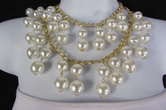 Gold Metal Long Double Chains 2 Strands Big Pearl Beads