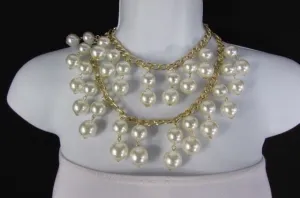 Gold Metal Long Double Chains 2 Strands Big Pearl Beads