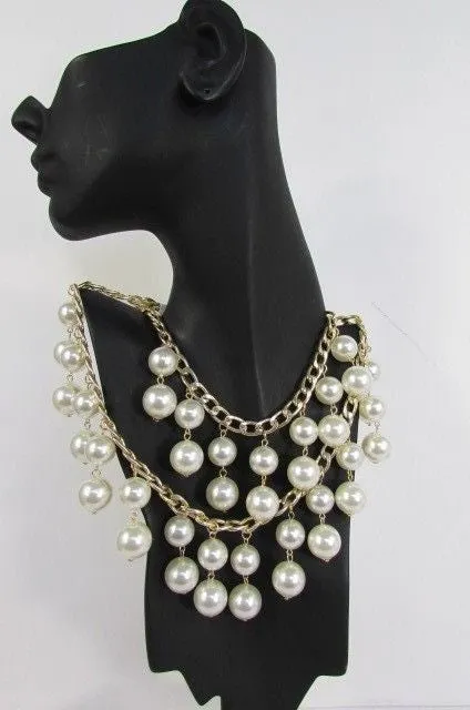 Gold Metal Long Double Chains 2 Strands Big Pearl Beads