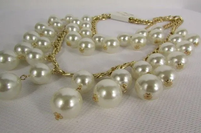 Gold Metal Long Double Chains 2 Strands Big Pearl Beads