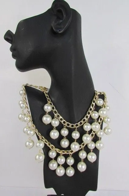 Gold Metal Long Double Chains 2 Strands Big Pearl Beads