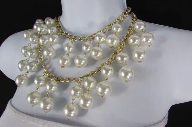 Gold Metal Long Double Chains 2 Strands Big Pearl Beads