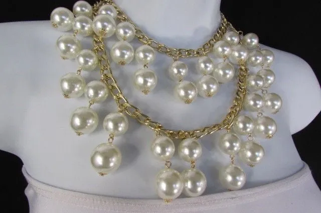 Gold Metal Long Double Chains 2 Strands Big Pearl Beads