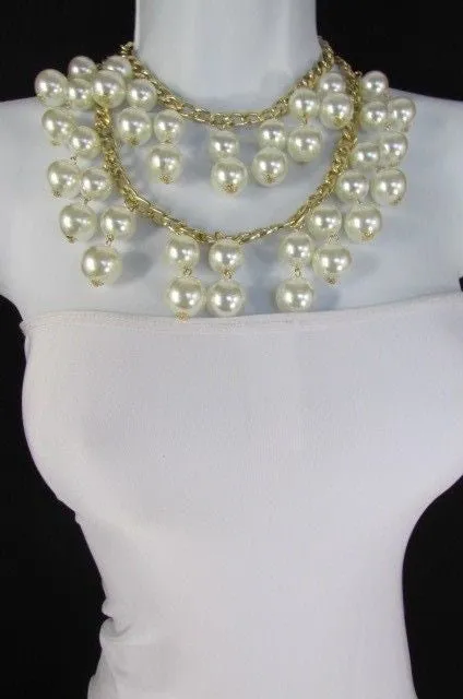 Gold Metal Long Double Chains 2 Strands Big Pearl Beads