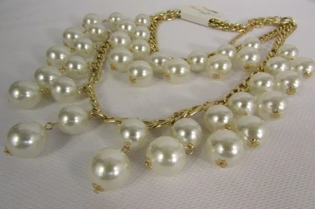 Gold Metal Long Double Chains 2 Strands Big Pearl Beads