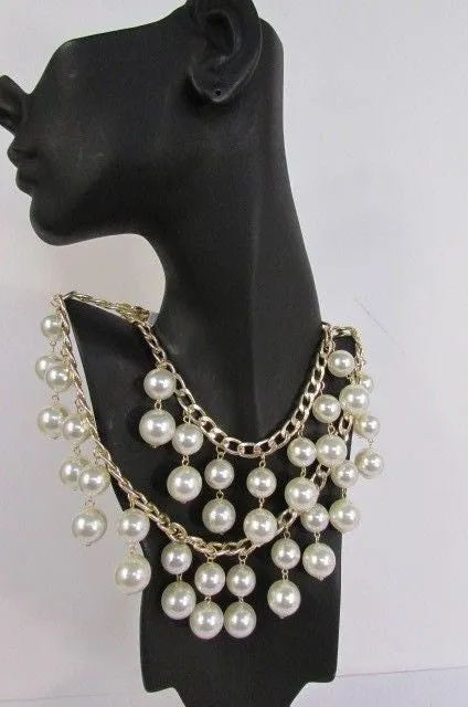 Gold Metal Long Double Chains 2 Strands Big Pearl Beads