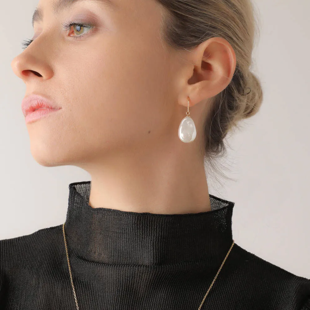 Gold Plated Silver Fish Wire Earrings for Women with Organic Pearl, 14mm Wild Pearl, 1.3" Length, Keila Collection