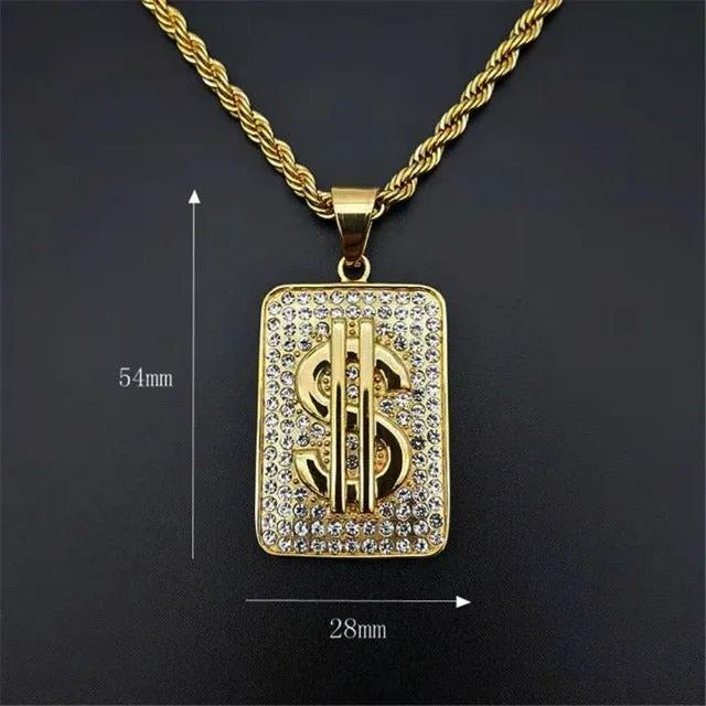 Gold Titanium Steel Cubic Zirconia Dollar Sign Pendant Chain