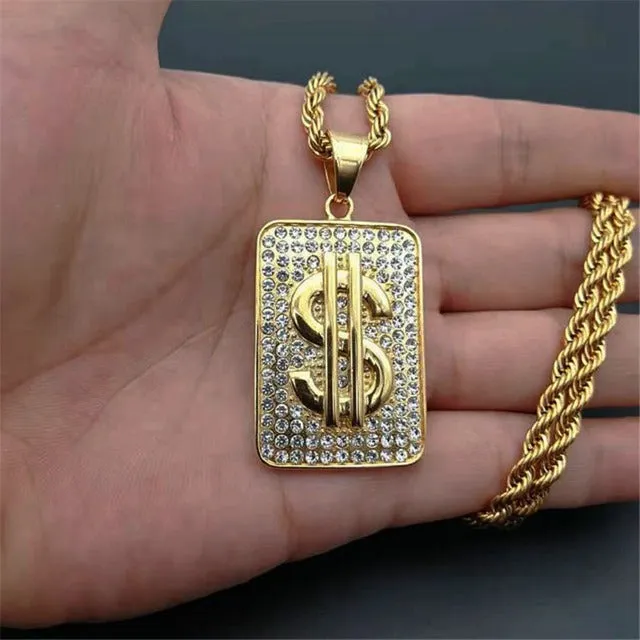 Gold Titanium Steel Cubic Zirconia Dollar Sign Pendant Chain