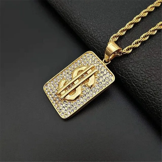 Gold Titanium Steel Cubic Zirconia Dollar Sign Pendant Chain